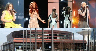 Collage av repetitionsbilder från Melodifestivalen 2011 i Malmö